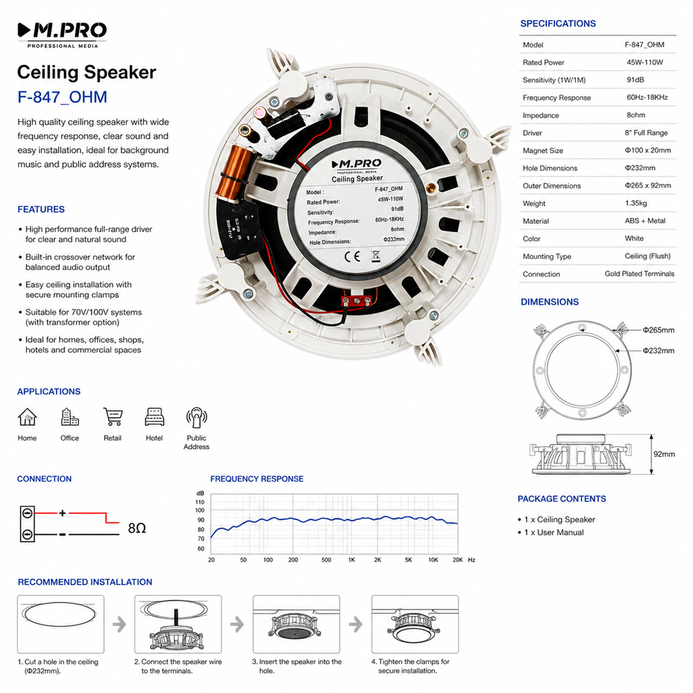 6-1 بلندگو سقفی توکار اهمی M.PRO مدل F847 OHM